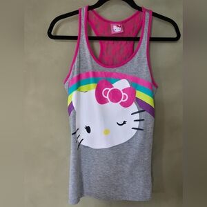 Sanrio | Hello Kitty Heather Gray Racerback Tank with Hot Pink Lace Yoke, Size S